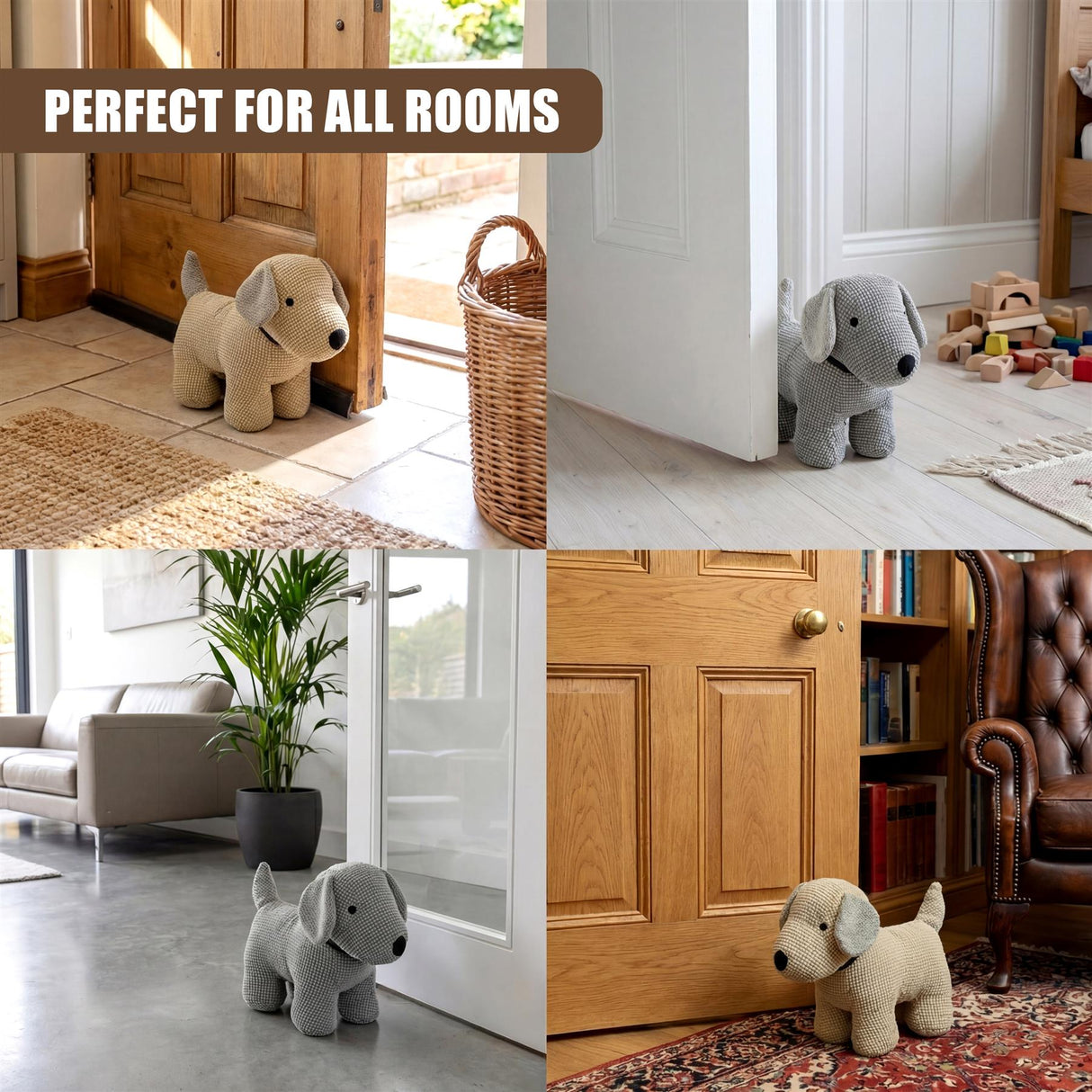 Wooden door stoppers shaped like dogs are displayed in various interior home settings.