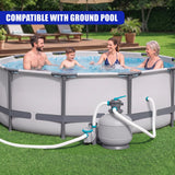 Pool setup includes a sand filter unit, plumbing, and hoses connected to the side of the above-ground pool.