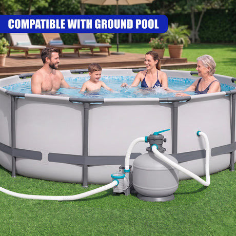 Pool setup includes a sand filter unit, plumbing, and hoses connected to the side of the above-ground pool.