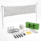 A 2-in-1 complete badminton and volleyball set featuring a net, rackets, shuttlecocks, ball, pump, poles, pegs, and a green