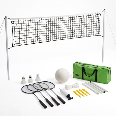 A 2-in-1 complete badminton and volleyball set featuring a net, rackets, shuttlecocks, ball, pump, poles, pegs, and a green