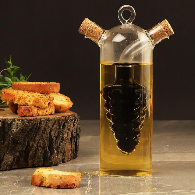 A stylish glass oil and vinegar dispenser featuring a unique design with two cork stoppers at the top. The dispenser contains a dark interior shaped like a grape cluster, surrounded by golden oil. In the foreground, crispy slices of toasted bread are presented on a rustic wooden surface. Perfect for adding a touch of elegance to your kitchen or dining table. Available at ukbuyzone.