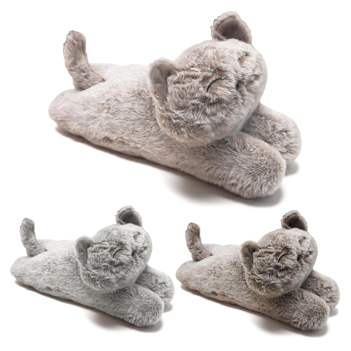 "Four adorable fluffy cat door stoppers, resting on a white surface, with soft grey fur and ears standing up." - UKBuyZone
