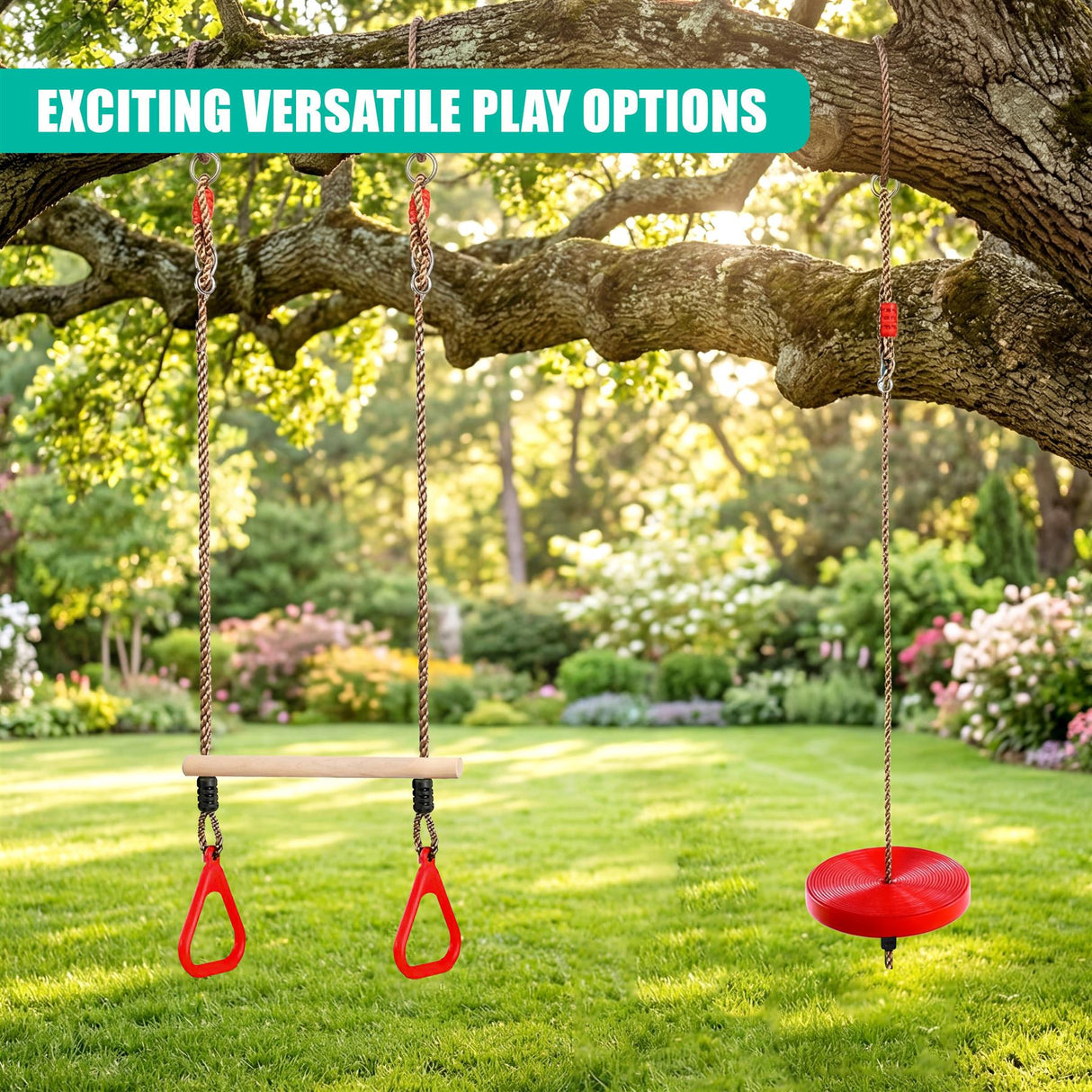 Three hanging play items suspend from a large tree branch; two bars and one red seat are included.