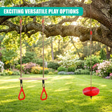 Three hanging play items suspend from a large tree branch; two bars and one red seat are included.