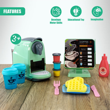 A toy coffee machine and various play food items, including a waffle, ketchup, and a fork, on a wooden table. - UKBuyZone