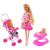 Pregnant doll standing next to a baby stroller and a pink plastic baby bath accessory.