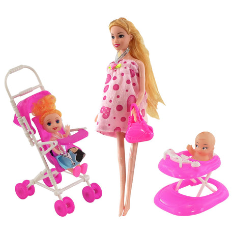 Pregnant doll standing next to a baby stroller and a pink plastic baby bath accessory.