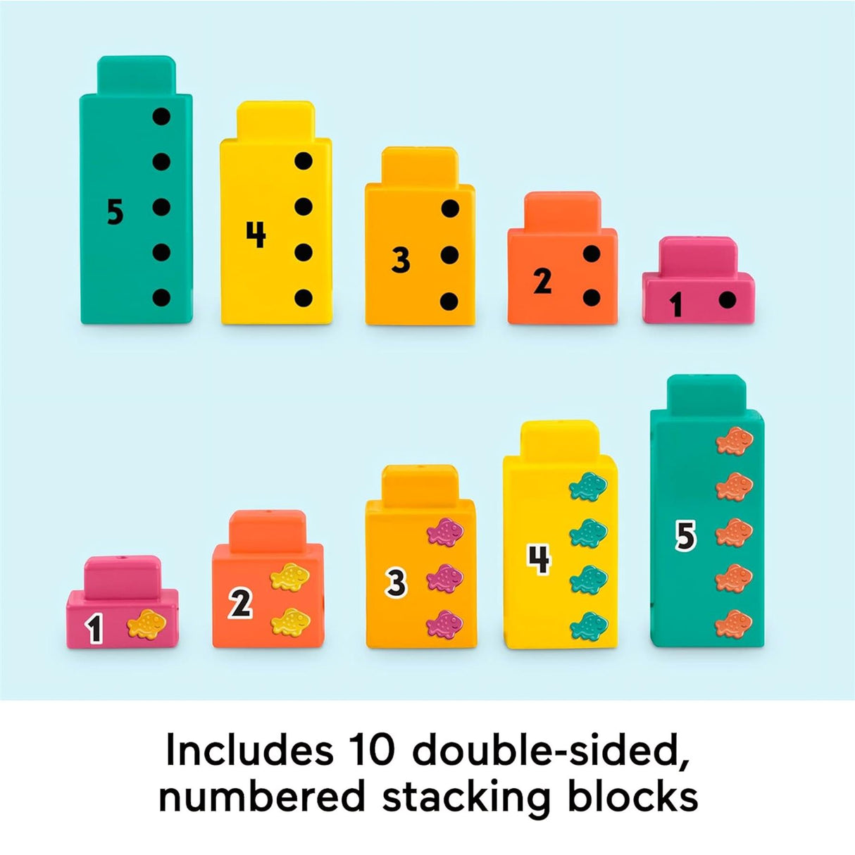 Visible set of colorful, double-sided stacking blocks numbered one through five.