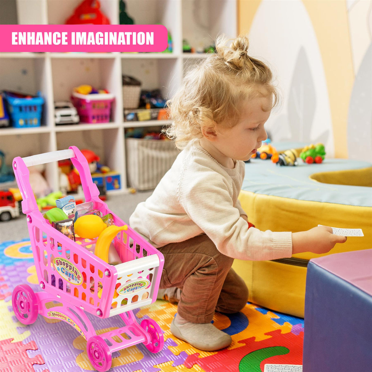 Pink Shopping Trolley Cart Play Food Set by The Magic Toy Shop - UKBuyZone