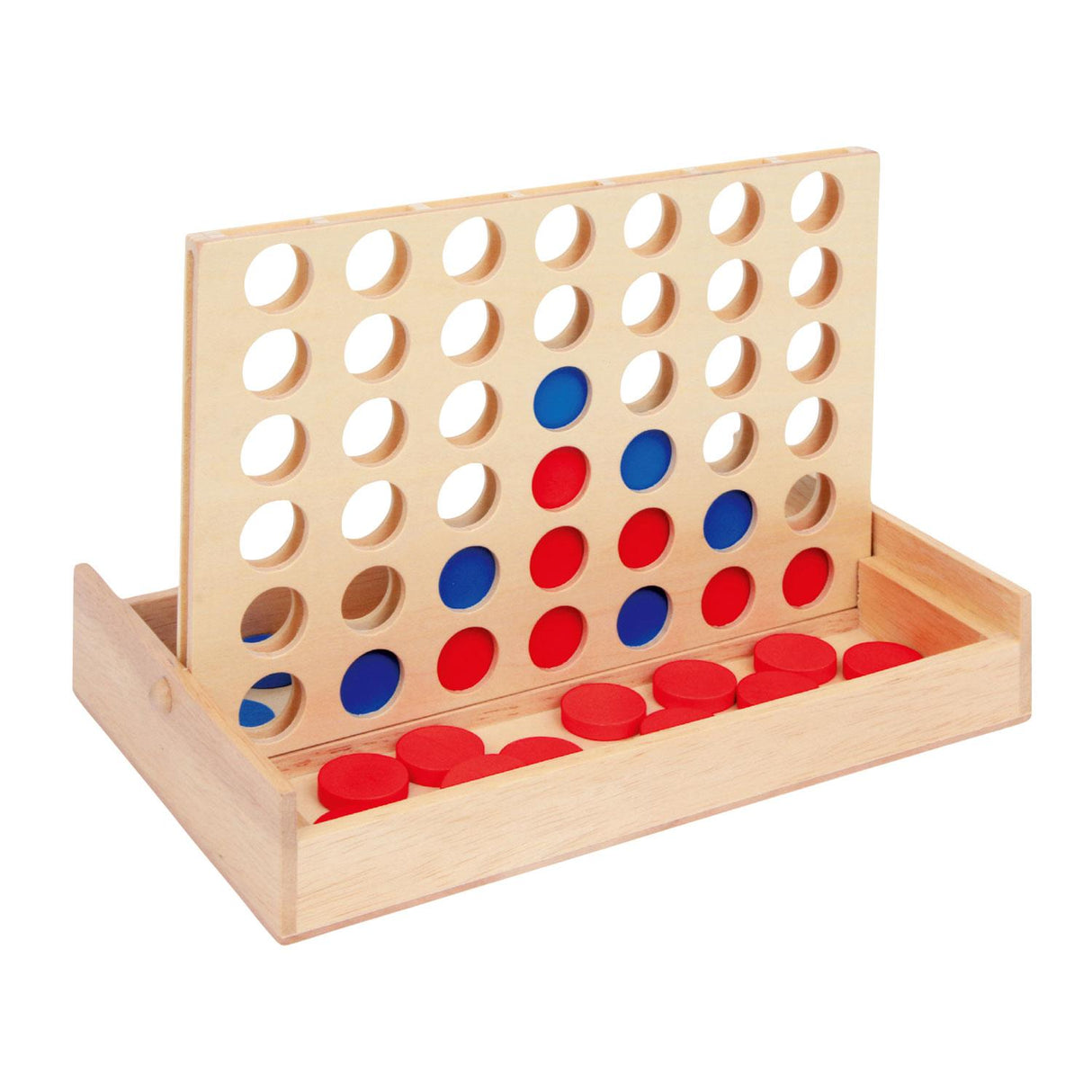 A wooden board game with a 4x4 grid of holes, featuring red and blue game pieces. - UKBuyZone