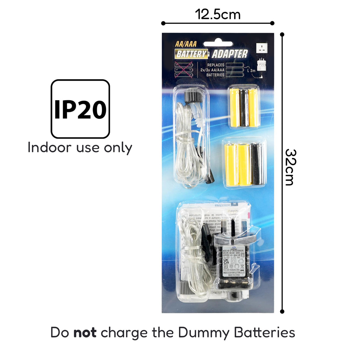 AA/AAA Battery Adapter for replacing 2/3 AA/AAA batteries with included dummy batteries, features IP20 rating for indoor use only, accompanied by a power adapter and connection cables. Ideal for decorations and electronic devices. Available at ukbuyzone.