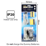 AA/AAA Battery Adapter for replacing 2/3 AA/AAA batteries with included dummy batteries, features IP20 rating for indoor use only, accompanied by a power adapter and connection cables. Ideal for decorations and electronic devices. Available at ukbuyzone.