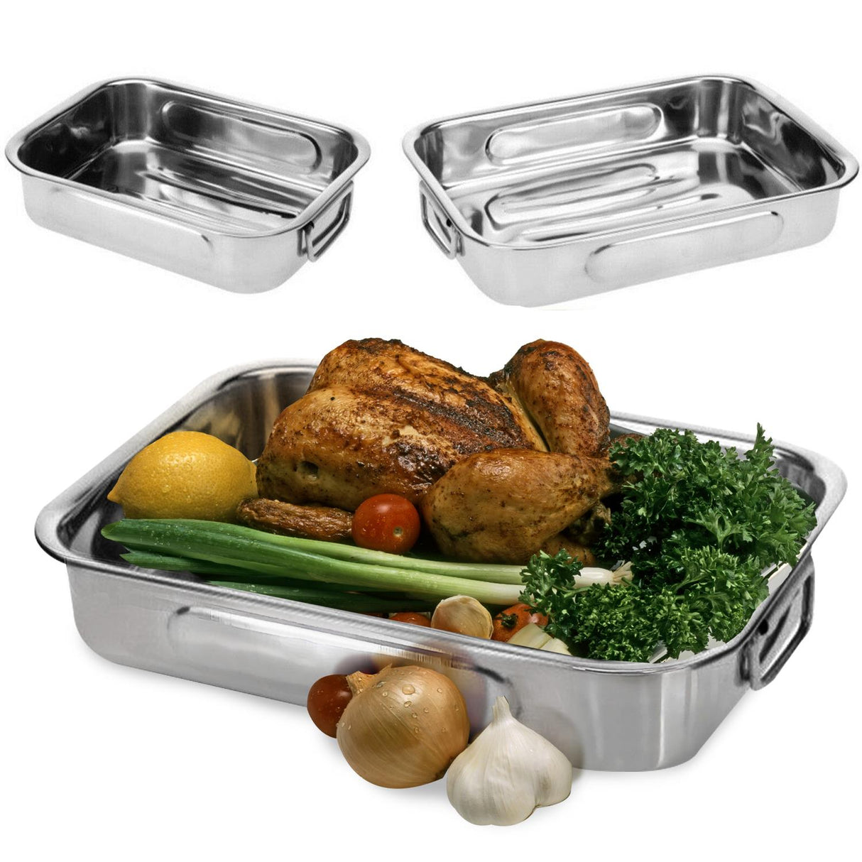 Set Of 3 Stainless Steel Roasting Trays