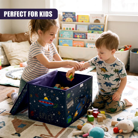 Two children play with toys from a large space-themed storage box on a rug in a bright room