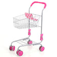 Silver metal shopping trolley featuring a pink handle and patterned doll seat accessory.