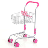 Silver metal shopping trolley featuring a pink handle and patterned doll seat accessory.