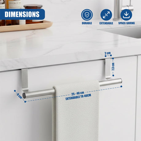 Metal towel rail mounted on a cabinet surface, featuring an adjustable length measurement from 25 to 40 cm.