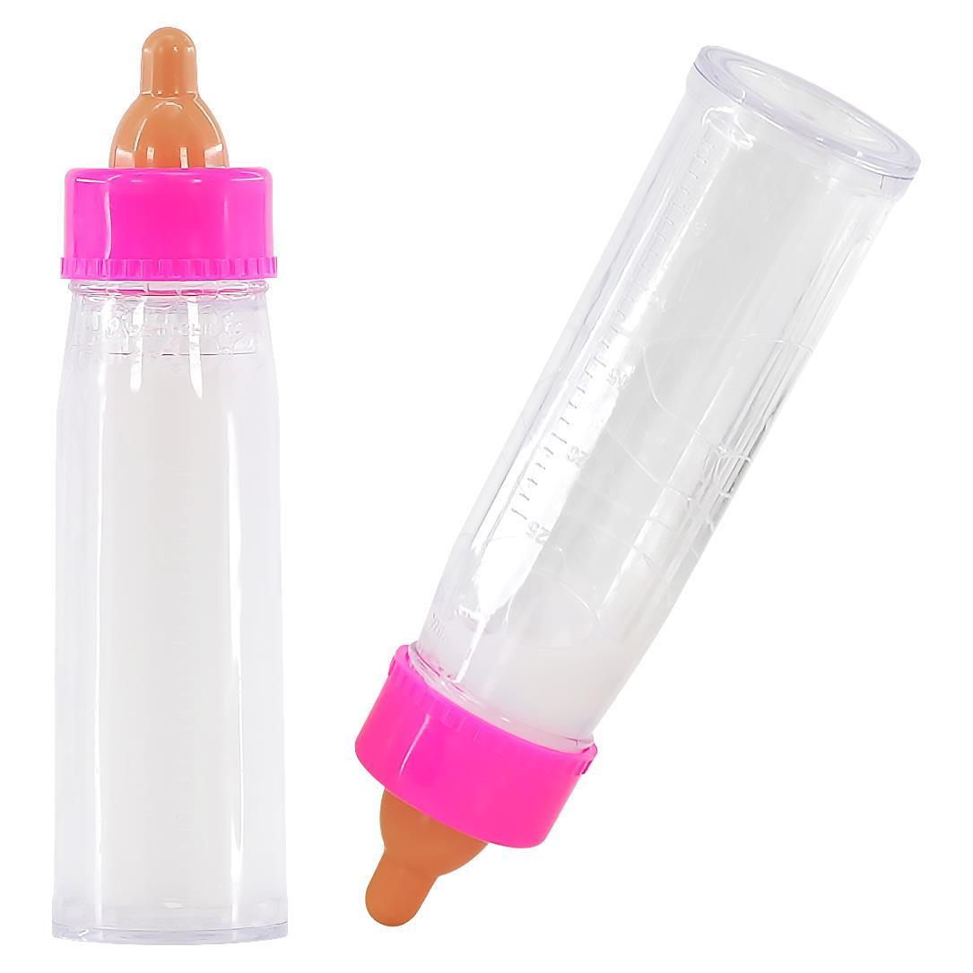 Two bottles with pink plastic nipples and a transparent container filled with milk.