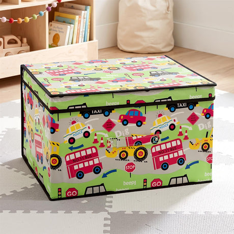 The Magic Toy Shop Road Works Large Storage Box is a large, foldable toy box with a green lid and sides featuring a