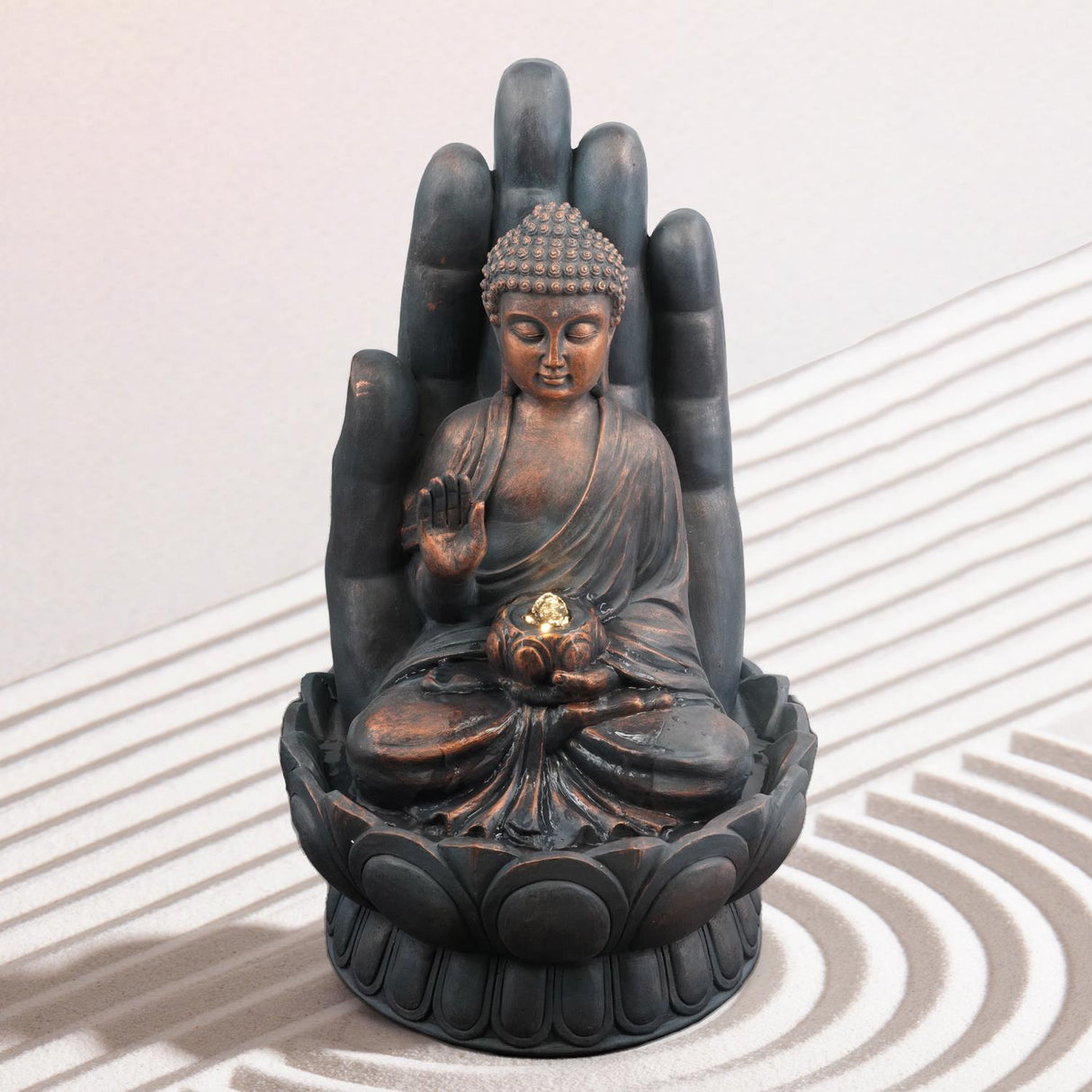 Palm Buddha Water Feature Outdoor With LED by GEEZY - UKBuyZone