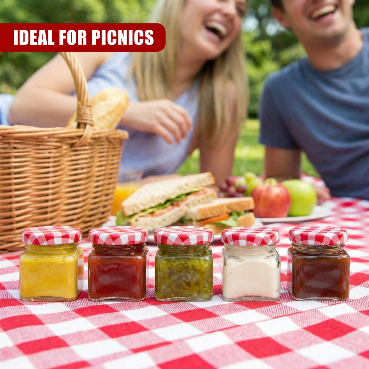 A set of five miniature jars filled with various colored preserves rests on a checkered cloth.