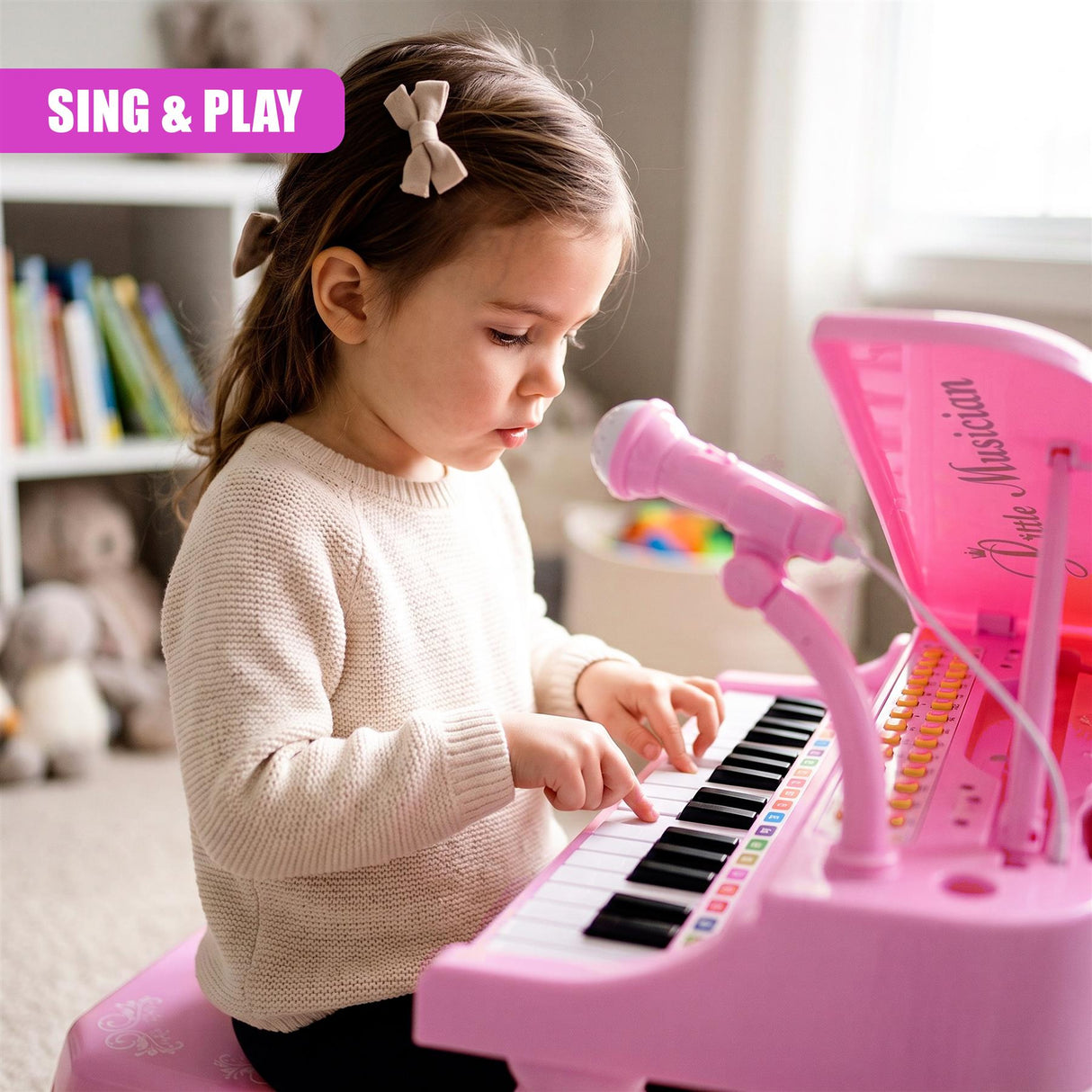 Pink Electronic Piano With Microphone and Stool