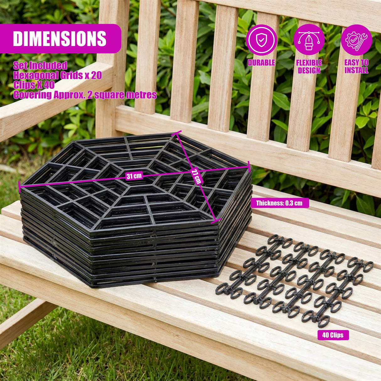 Stack of black hexagonal grids and a grouping of forty black plastic pond clips.