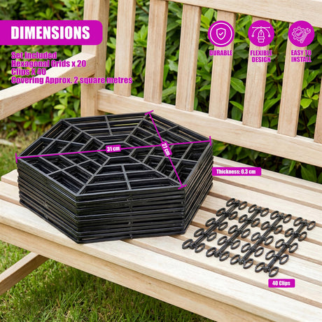 Stack of black hexagonal grids and a grouping of forty black plastic pond clips.