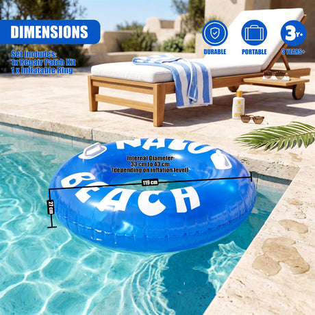 Blue inflatable ring floating in a pool, featuring large white "NAVO BEACH" letters.