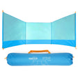 Two outdoor items are displayed: an open, light blue shelter and a rolled blue ground tarp.