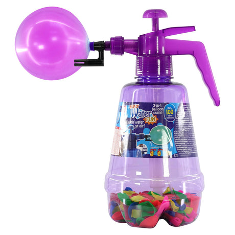 The image is of a purple air water bomb balloon set with a sprayer top.