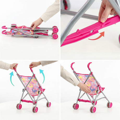 Steps showing the assembly and use of the pink and patterned doll's buggy.