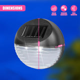 Black, spherical solar light fixture showing dimensions and labeled features like the solar sensor and mounting points.