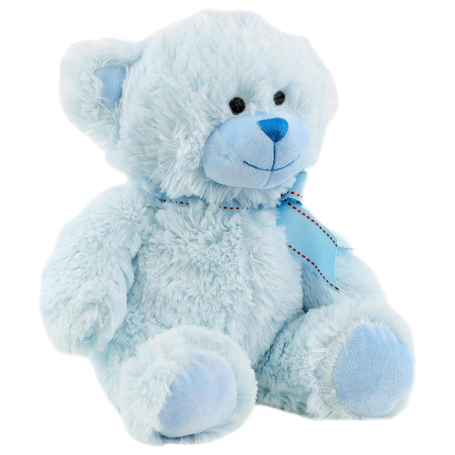 A light blue plush teddy bear toy sits with matching blue paw pads and a decorative blue ribbon.