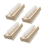 Three wooden nail scrubbing brushes with white bristles displayed on a white background.