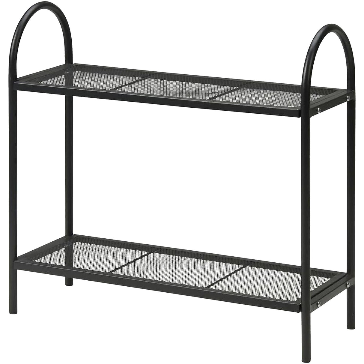 The image shows a black metal plant stand with two tiers.