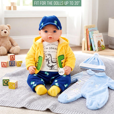 A set of patterned blue and white doll clothing, including a hat and coordinating outfit pieces.