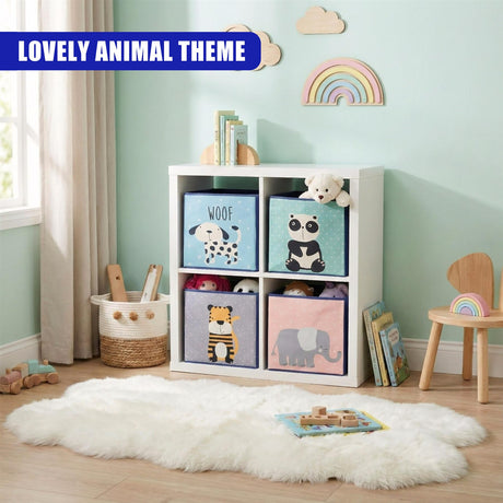 A set of four storage boxes designed with animal themes, placed in a room decorated with children's furniture and toys, creating an appealing space for kids to engage with. - UKBuyZone