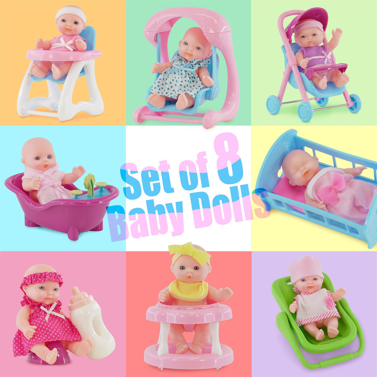 Set of 8 Mini Baby Dolls with Costumes & Accessories