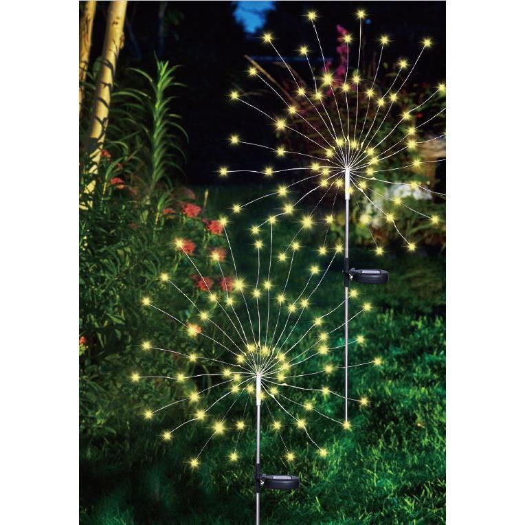 Decorative lights designed to resemble a string of stars on a wire, solar powered and stakeable in the ground.