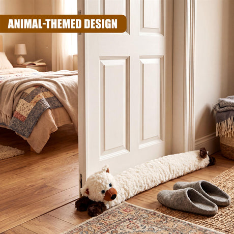 Cream stuffed bear draught excluder rests on a doorway, near two folded gray cushion covers.