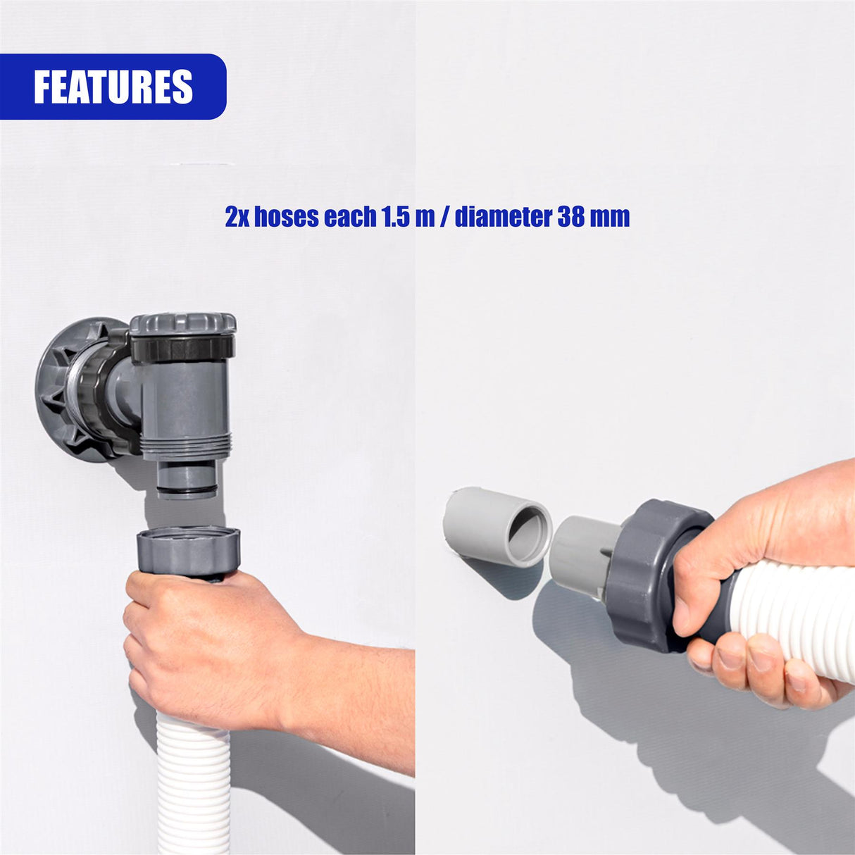 A hand holds a pool pump fitting connected to a white hose, shown next to two detached hose pieces.