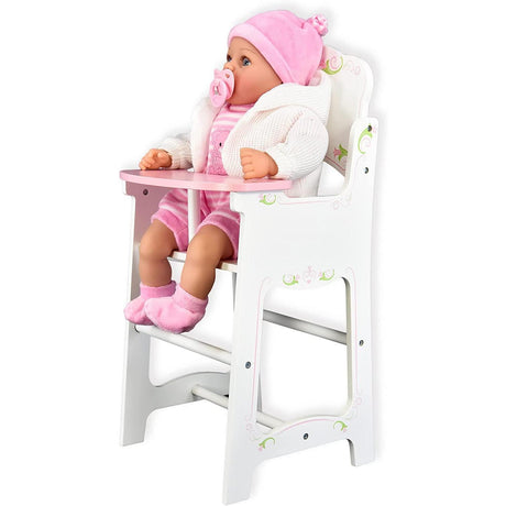 Baby doll high chair with baby, pink dress. Doll in a highchair with a white top. White highchair with two steps and polka dot pattern. - UKBuyZone