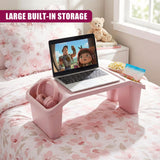 "Bedside tray table with storage, pink and white, laptop on top." - UKBuyZone
