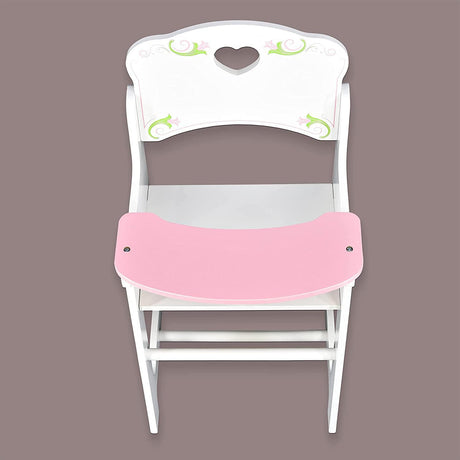 A wooden high chair with pink cushioning, suitable for small children or dolls, painted white with a floral design on top right corner, placed against light background. - UKBuyZone