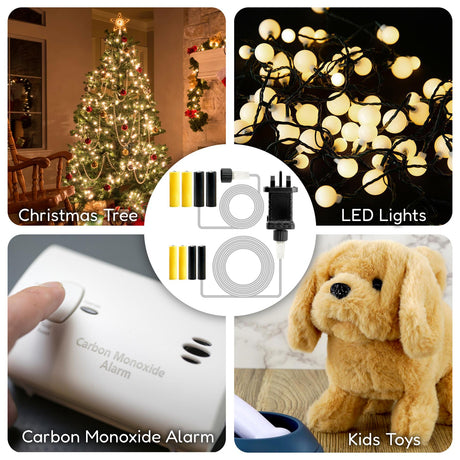 A collage featuring a beautifully decorated Christmas tree illuminated with lights on the left, shimmering LED lights on the top right, a close-up of a Carbon Monoxide Alarm on the bottom left, and a cuddly plush puppy toy on the bottom right. The products highlight festive decorations and essential safety devices for homes. Ideal for holiday preparations and safety, available at ukbuyzone.