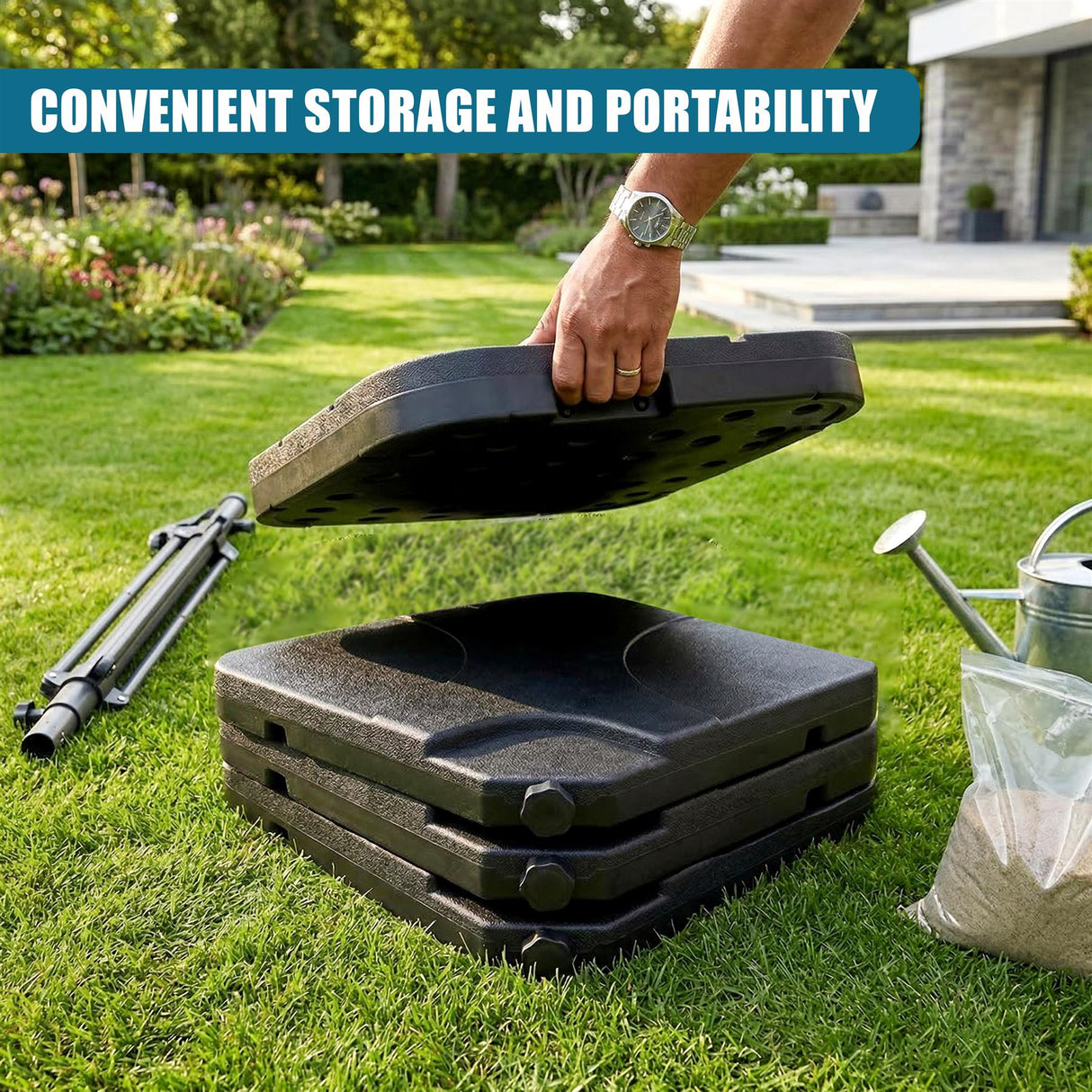 Stacked dark square bases for outdoor umbrellas displayed on a lawn.