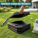 Stacked dark square bases for outdoor umbrellas displayed on a lawn.