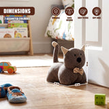 Two knit cat door stoppers, one gray and one tan, are placed on a wooden floor.